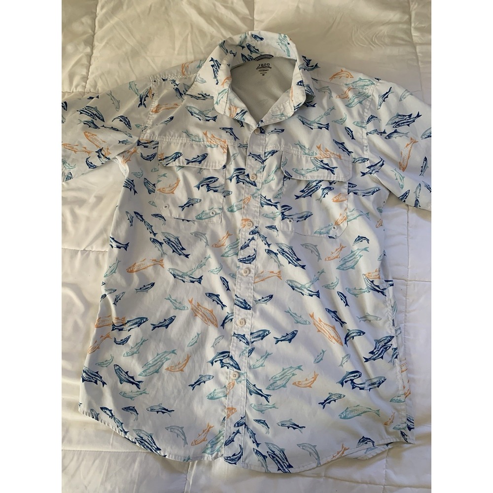 IZOD Saltwater Performance Button Up Shirt Relaxed Vented Fish‎ White Blue Men M
